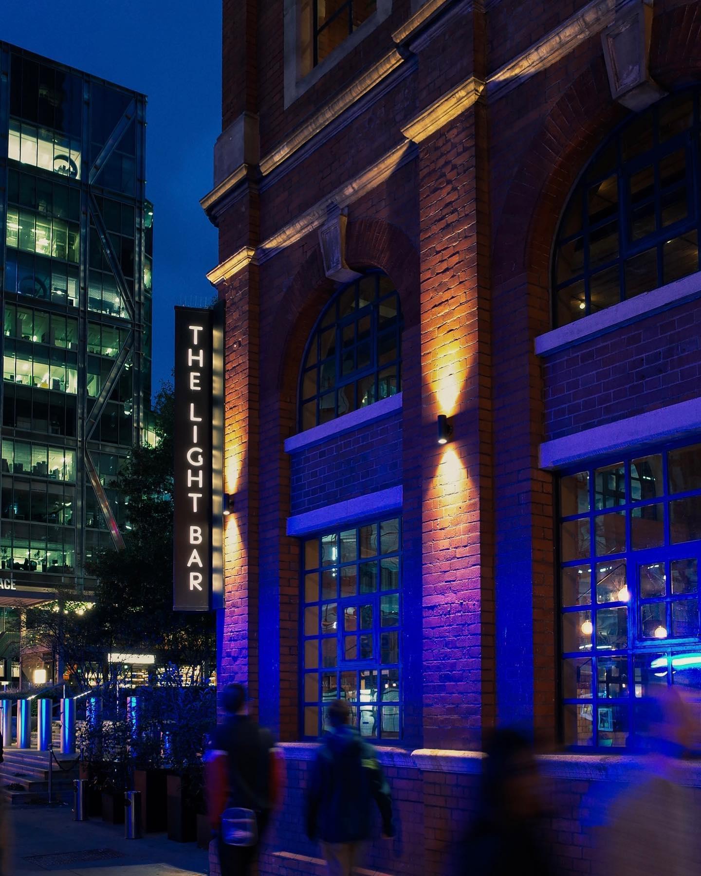 Exterior shot of The Light Bar, London, at night